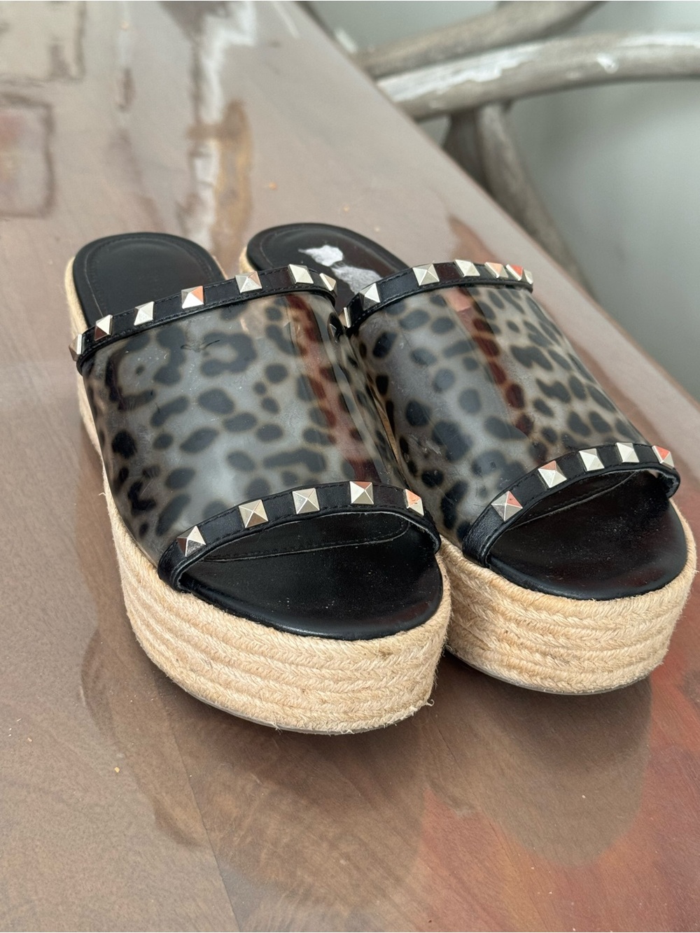 Marc Fisher Leopard Print Clear Studded Espadrille Slide Wedges 7.5